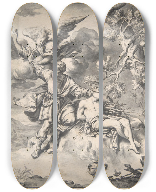 Triptych art skateboard deck of Willem Van Mieris The Sacrifice Of Isaac by Willem Van Mieris (1662-1747)