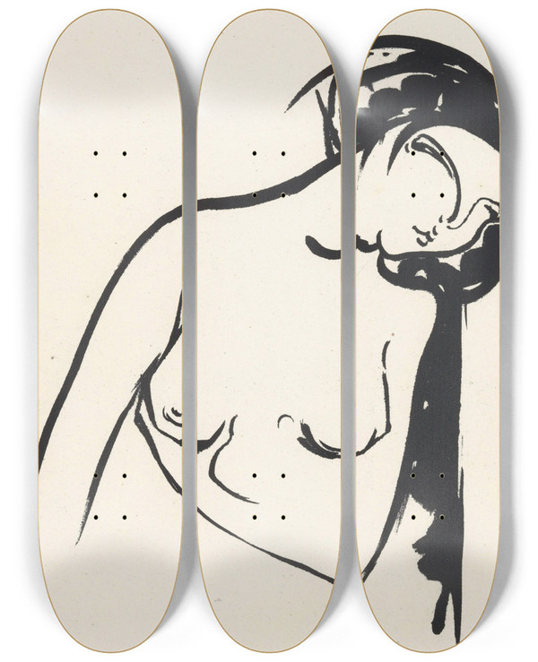 Triptych art skateboard deck of Henri Jonas Naakte Vrouw Die Haar Borst Aanraakt by Henri Jonas (1878-1944)