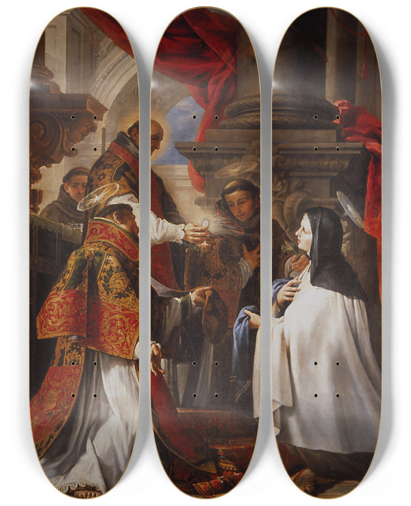 Triptych art skateboard deck of Juan Martn Cabezalero La Comunin De Santa Teresa by Juan Martin Cabezalero (1633-1673)