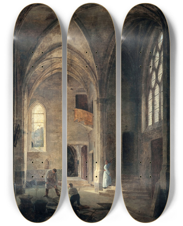 Triptych art skateboard deck of Louis Courtin Vue Intrieure De Lglise Saintbenotlebestoun La Chapelle Saintpierre Ou De La Tournelle by Louis Courtin (1769-1850)