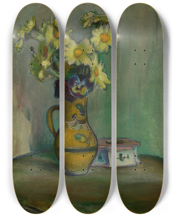 Triptych art skateboard deck of Wadysaw Lewiski Flowers In A Yellow Pitcher by Wadysaw lewiski (1854-1918)