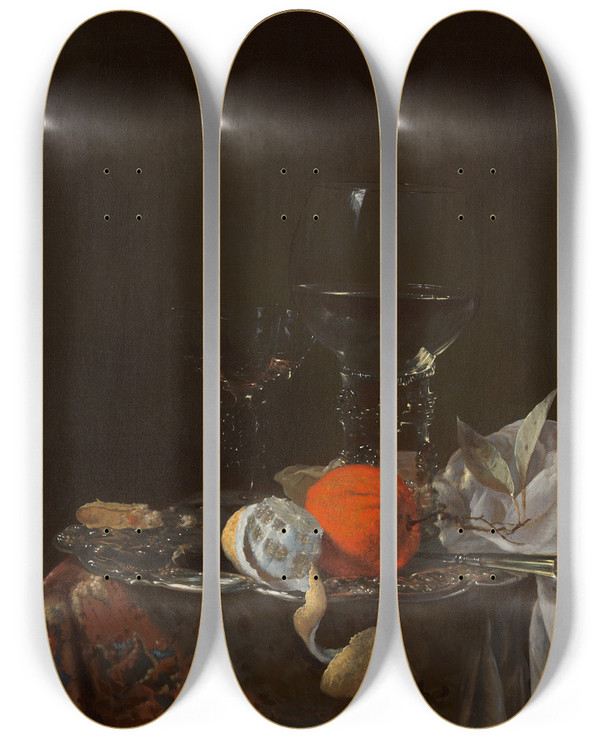 Triptych art skateboard deck of Willem Kalf Still Life With Fruit And Wineglasses On A Silver Plate by Willem Kalf (1619-1693)