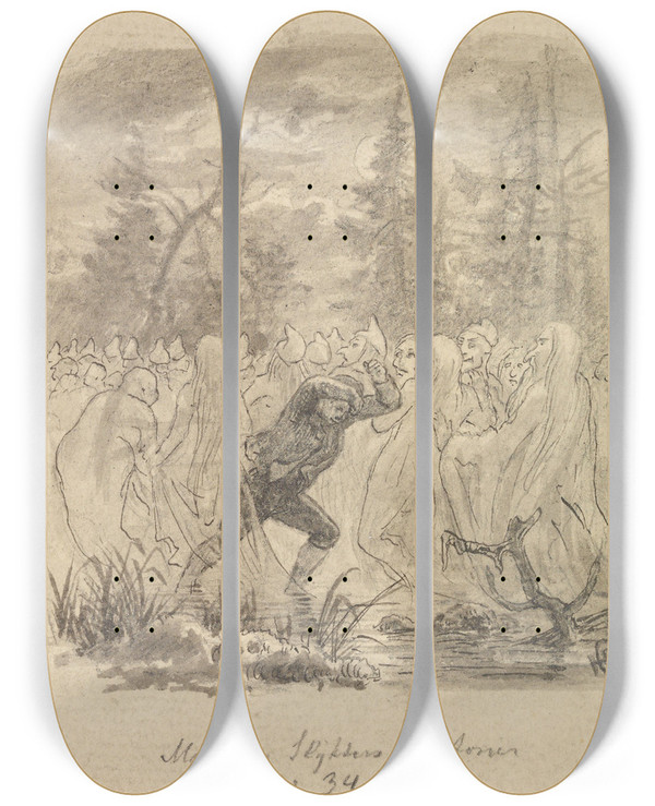 Triptych art skateboard deck of Hans Gude Da Han Var Kommen Midt Ut P Myra Var Det S Fullt Med Folk At Han Ordentlig Mtte Alboge Seg Fram_1 by Hans Gude (1825-1903)