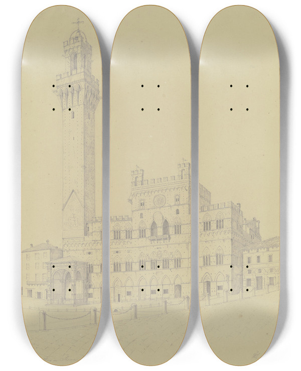 Triptych art skateboard deck of Friedrich Wilhelm Ludwig Der Palazzo Pubblico In Siena by Friedrich Wilhelm Ludwig (1828)