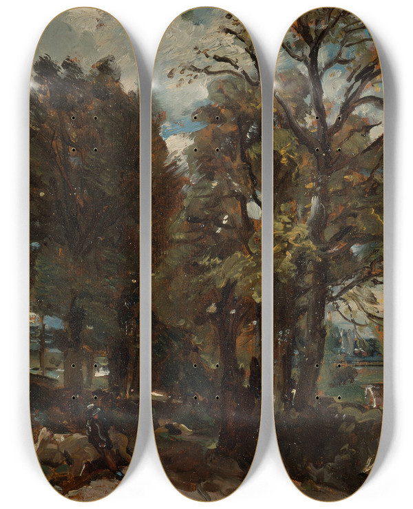 Triptych art skateboard deck of John Constable Fen Lane East Bergholt by John Constable (1776-1837)