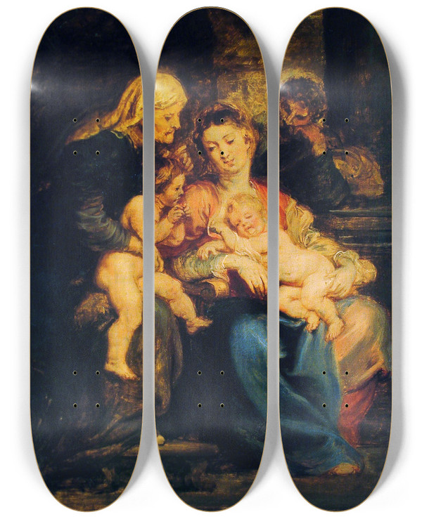 Triptych art skateboard deck of Peter Paul Rubens The Holy Family With Saint Elizabeth And Saint John by Peter Paul Rubens (1577-1640)