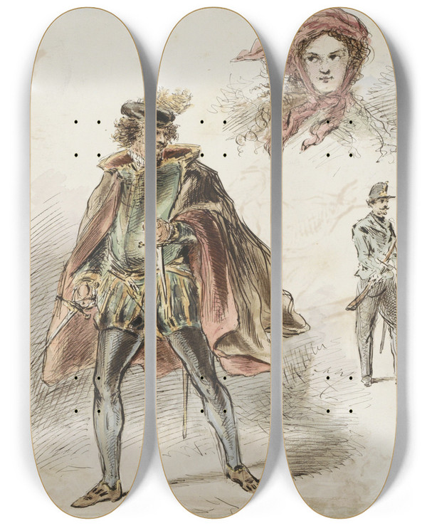 Triptych art skateboard deck of Alexander Ver Huell Man In Historisch Kostuum Een Vrouw Met Hoofddoek En Een Soldaat by Alexander Ver Huell (1822-1897)