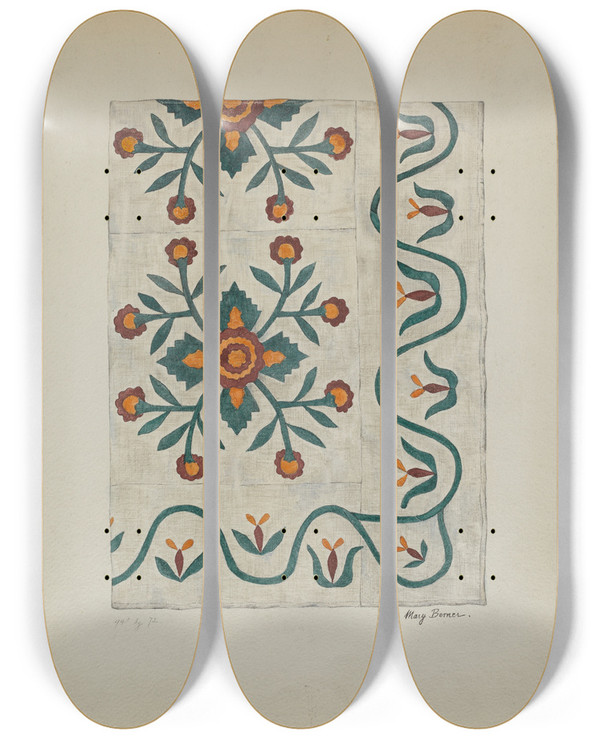 Triptych art skateboard deck of Mary Berner Applique Bedspread by Mary Berner