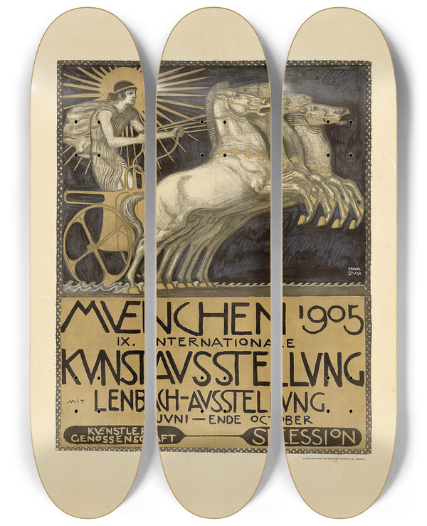 Triptych art skateboard deck of Franz Von Stuck Plakat Zur Ix Internationalen Kunstausstellung In Mnchen by Franz Von Stuck (1863-1928)