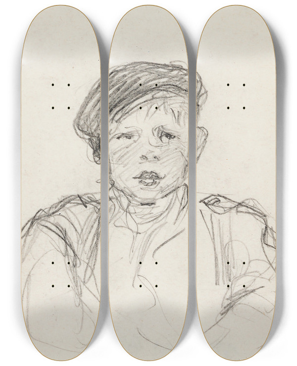 Triptych art skateboard deck of Venny Soldanbrofeldt Boy Wearing Cap by Venny Soldan-Brofeldt (1863-1945)