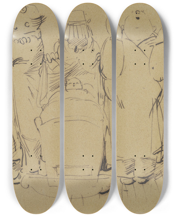 Triptych art skateboard deck of Wilhelm Busch Herrn Und Frau Knopps Unterschiedliche Freude Ber Den Nachwuchs by Wilhelm Busch (1832-1908)