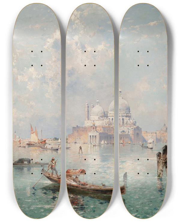 Triptych art skateboard deck of Franz Richard Unterberger Santa Maria Della Salute From The Grand Canal by Franz Richard Unterberger (1838-1902)