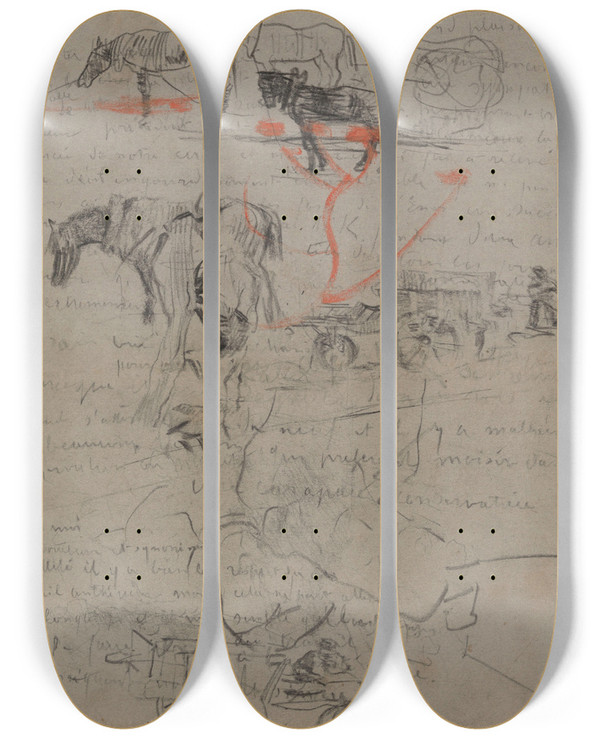 Triptych art skateboard deck of James Ensor Horses And Text by James Ensor (1860-1949)