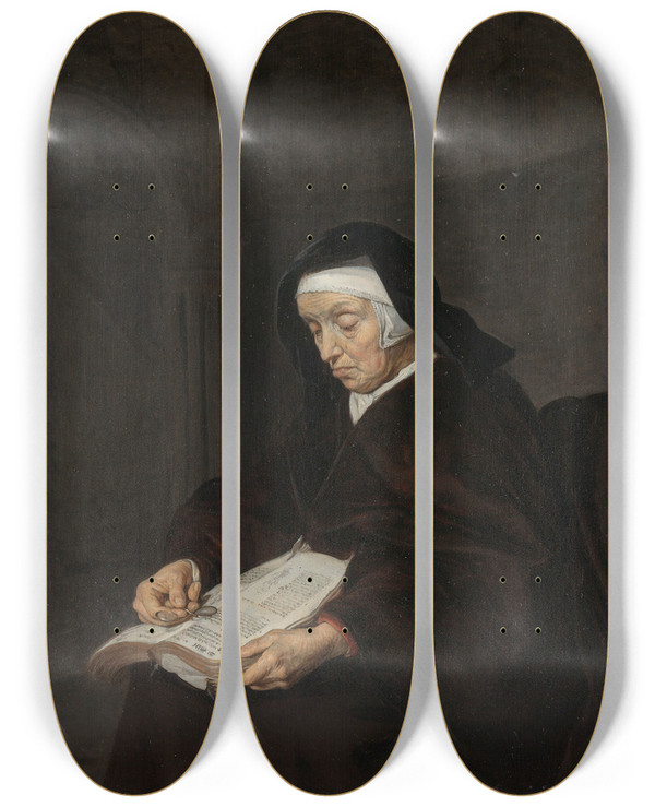 Triptych art skateboard deck of Gabriel Metsu Old Woman Meditating by Gabriel Metsu (1629-1667)