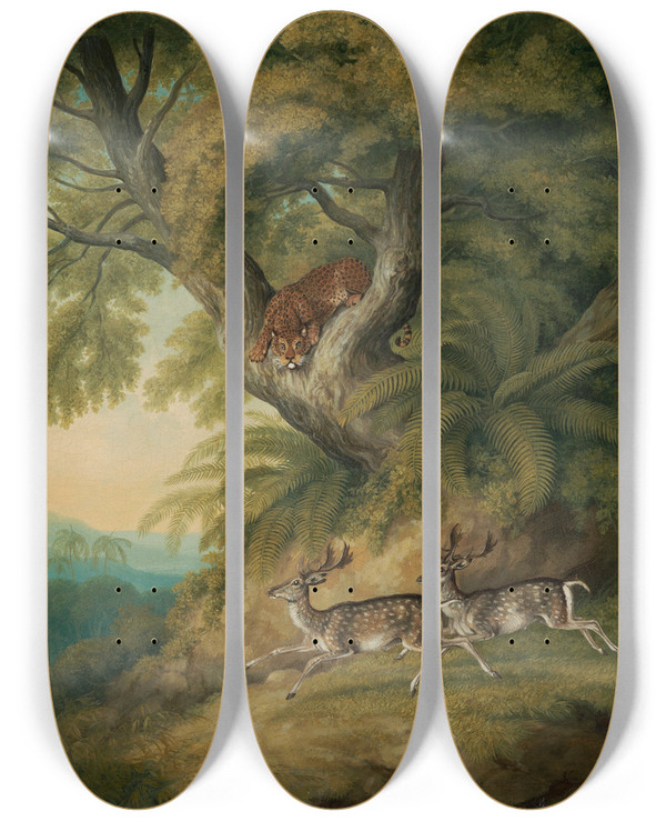 Triptych art skateboard deck of Williamsamuel Howitt A Leopard With Two Passing Deer by William-Samuel Howitt (1765-1822)