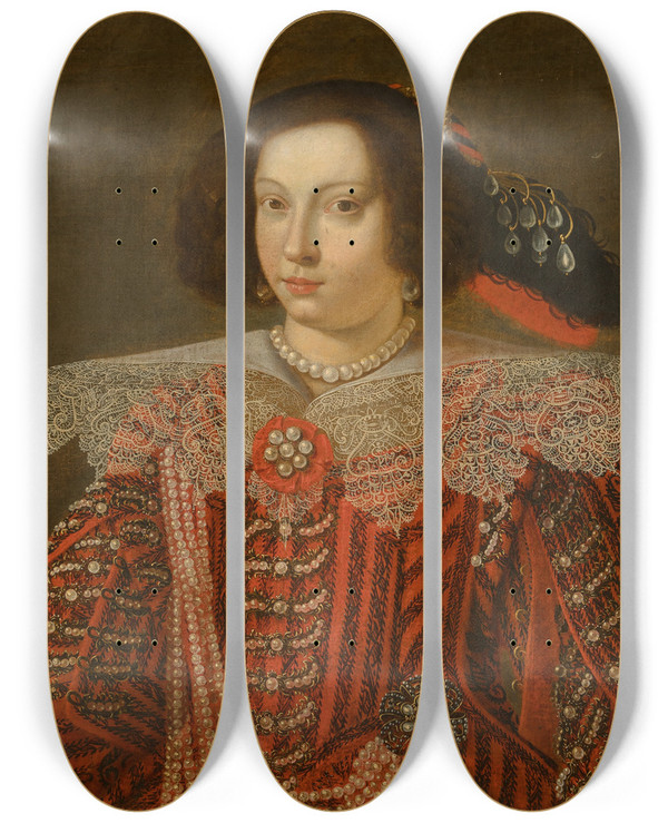 Triptych art skateboard deck of Matteo Loves Portrait Of Maria Caterina Farnese Duchess Of Modena by Matteo Loves (1625-1662)