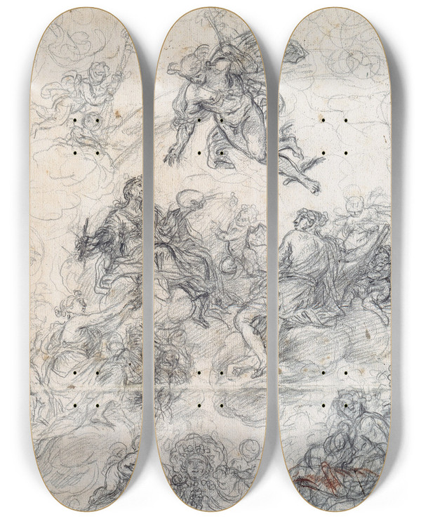 Triptych art skateboard deck of Giovanni Paolo Melchiori Allegory Of The Arts by Giovanni Paolo Melchiori (1664-1745)