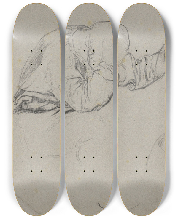 Triptych art skateboard deck of Victor Mller Sitzernder Mann Den Kopf Aufgesttzt Die Linke Nach Der Hand Der Frau Ausstreckend Aus Trost Abschied by Victor Muller (1829-1871)