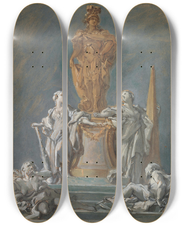 Triptych art skateboard deck of Franois Boucher Study For A Monument To A Princely Figure by Francois Boucher (1703-1770)