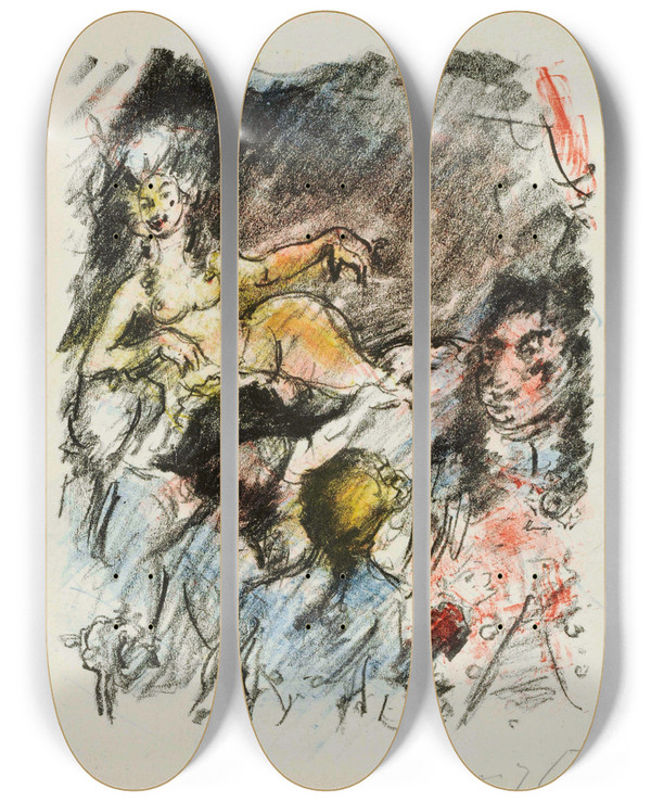 Triptych art skateboard deck of Lovis Corinth Am Dresdner Hof by Lovis Corinth (1858-1925)