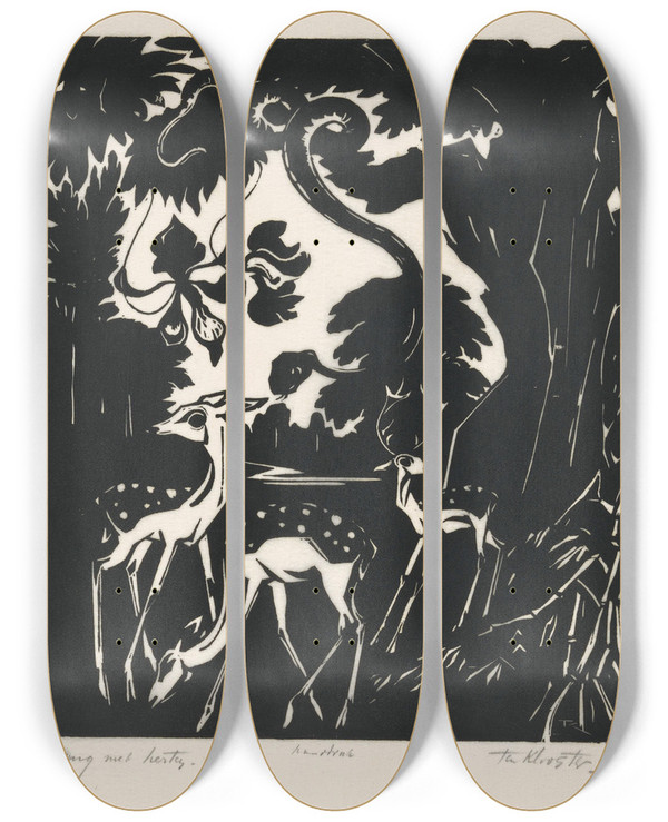 Triptych art skateboard deck of Johannes Frederik Engelbert Ten Klooster Slang Met Herten by Johannes Frederik Engelbert Ten Klooster (1873-1940)