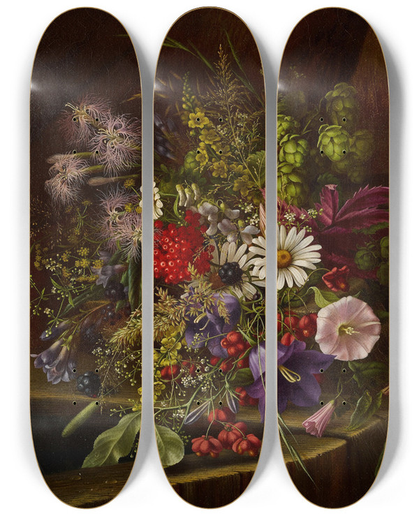 Triptych art skateboard deck of Adelheid Dietrich Morning Glory Daisies Red Currants And Other Fruits And Flowers On A Ledge by Adelheid Dietrich (1827-1891)