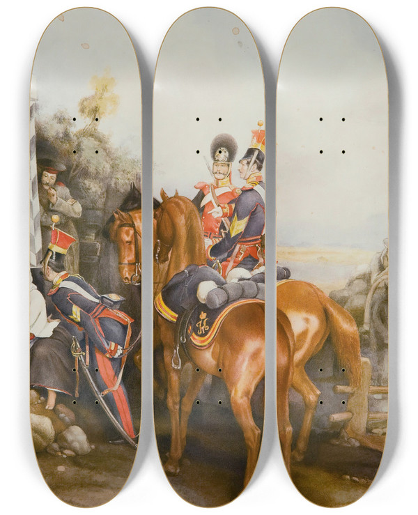 Triptych art skateboard deck of Alexander Bogdanovich Villevalde The Charming Officer by Alexander Bogdanovich Villevalde (1857-1906)