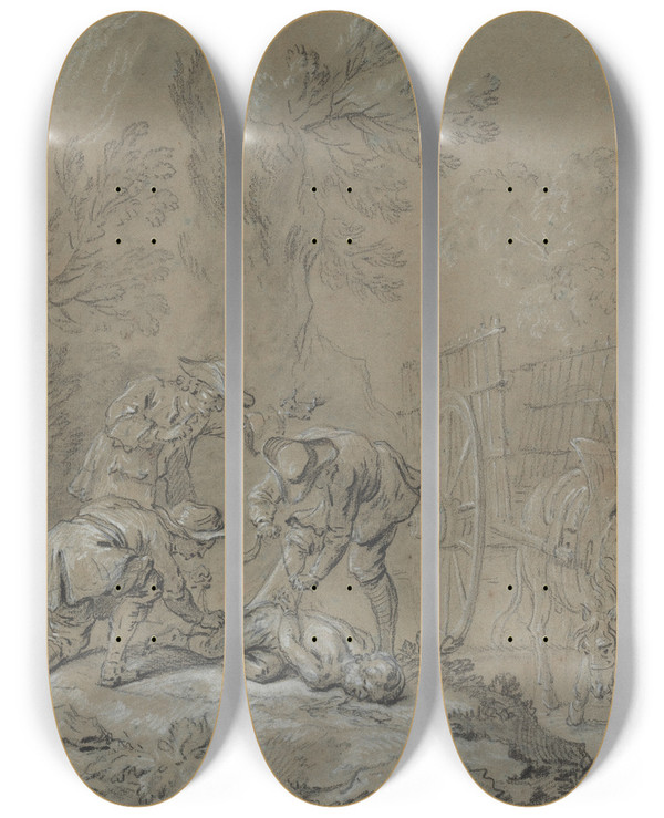 Triptych art skateboard deck of Jeanbaptiste Oudry Ragotin Lie Par Les Parents Du Fou by Jean-Baptiste Oudry (1686-1755)