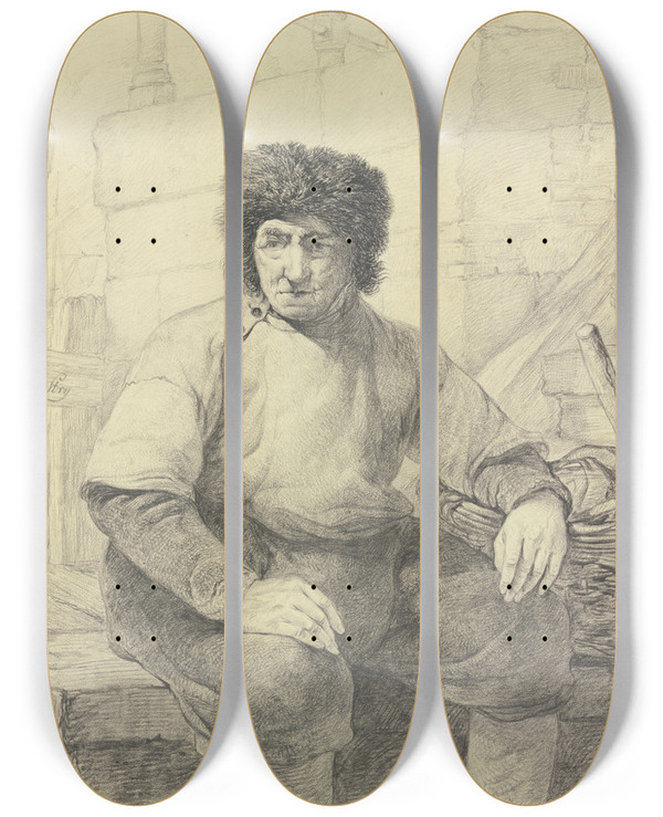 Triptych art skateboard deck of Jacob Van Strij Fischer Auf Einer Hafenmauer Sitzend by Jacob Van Strij (1756-1815)