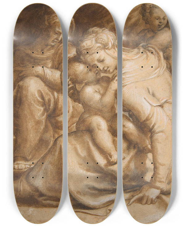 Triptych art skateboard deck of Francesco De Rossi Virgin And Child With Saint Anne And John The Baptist by Francesco de' Rossi (1510-1563)