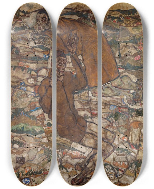 Triptych art skateboard deck of Egon Schiele Levitation The Blind Ii by Egon Schiele (1890-1918)