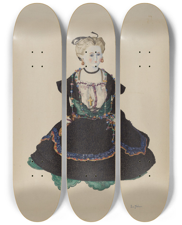 Triptych art skateboard deck of Lelah Nelson China Headed Doll by Lelah Nelson