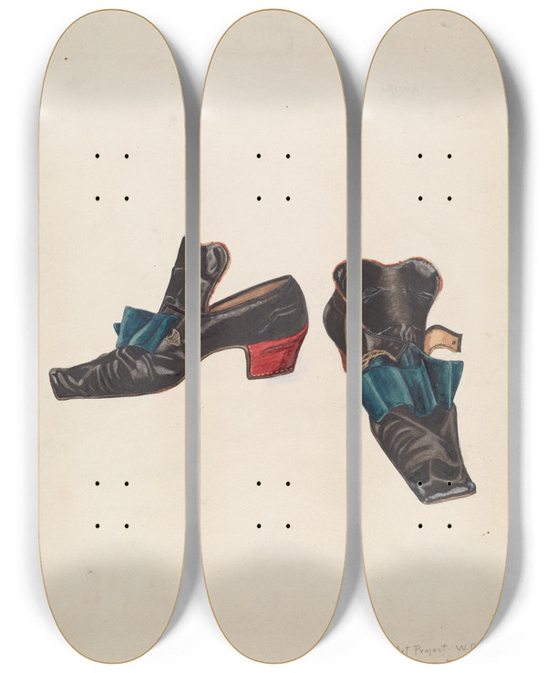 Triptych art skateboard deck of Mary E Humes Mans Slippers by Mary E Humes (20-)