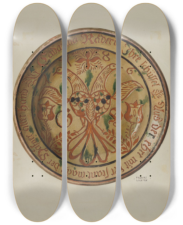 Triptych art skateboard deck of Frances Lichten Pa German Dish by Frances Lichten (1889-1961)