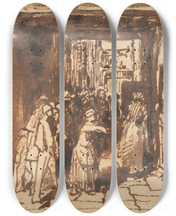 Triptych art skateboard deck of William Mulready Figures In A Doorway by William Mulready (1786-1863)
