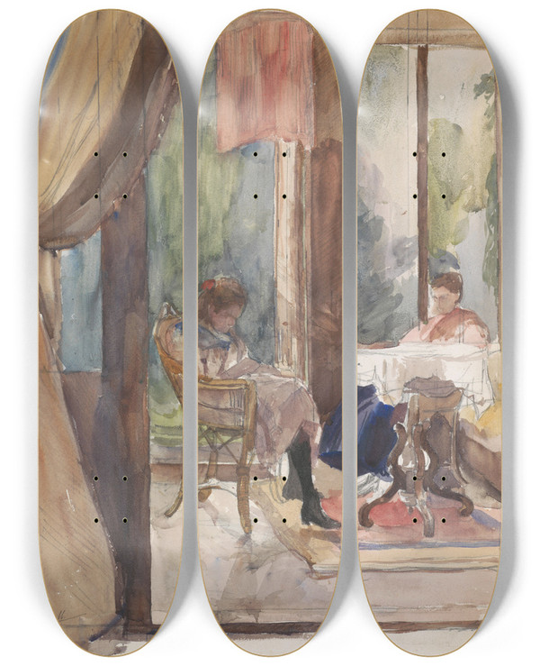 Triptych art skateboard deck of Barbara Elisabeth Van Houten Dame En Een Jong Meisje Beide Lezend In De Serre Van Het Huis Aan De Riouwstraat 6 Te Den Haag by Barbara Elisabeth Van Houten (1863-1950)