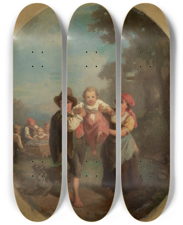 Triptych art skateboard deck of Johann Baptist Kirner Italian Children At Play With Dog by Johann Baptist Kirner (1806-1866)