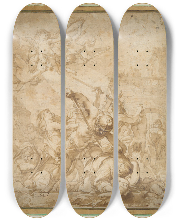 Triptych art skateboard deck of Cornelis Schut Massacre Of Theinnocents by Cornelis Schut (1597-1655)