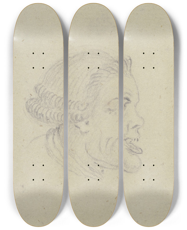 Triptych art skateboard deck of Daniel Nikolaus Chodowiecki Karikaturartiger Kopf Eines Mannes Mit Vorgeschobenem Unterkiefer Im Profil Nach Rechts by Daniel Nikolaus Chodowiecki (1726-1801)