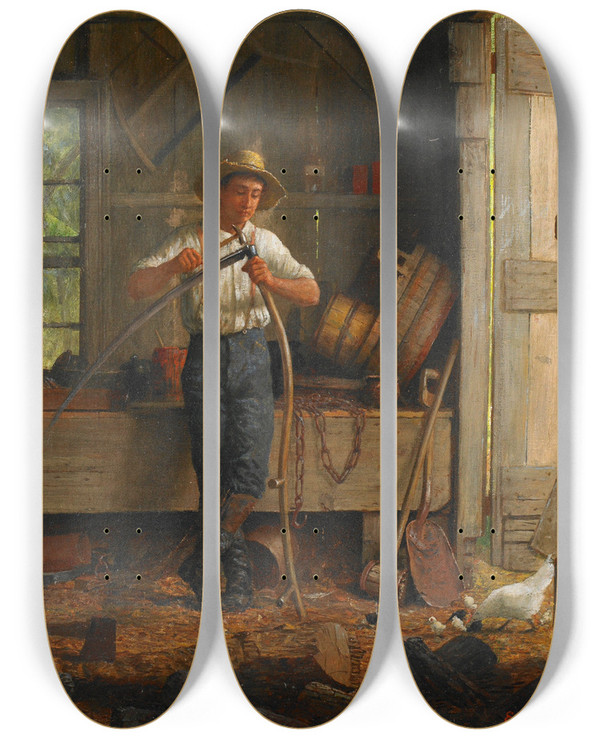 Triptych art skateboard deck of Enoch Wood Perry Jr Inside A Barn by Enoch Wood Perry Jr (1831-1915)