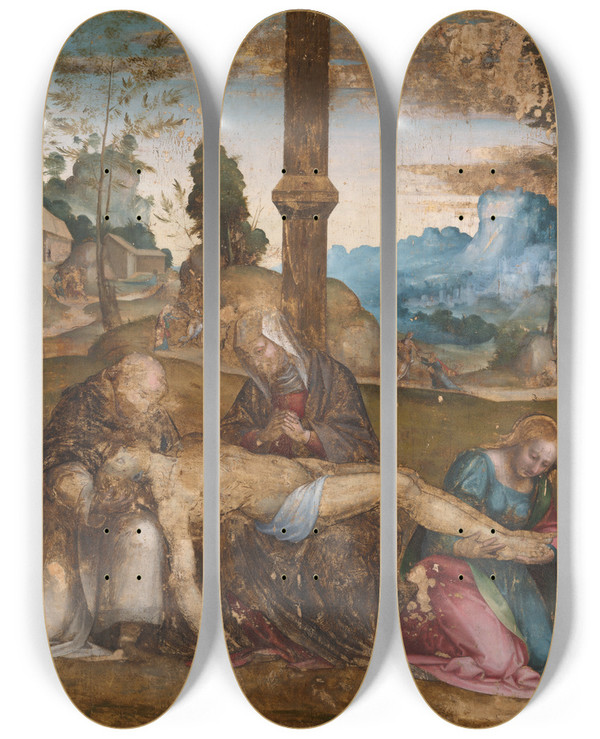 Triptych art skateboard deck of Giovanni Di Lorenzo Larciani Piet by Giovanni Di Lorenzo Larciani (1484-1527)