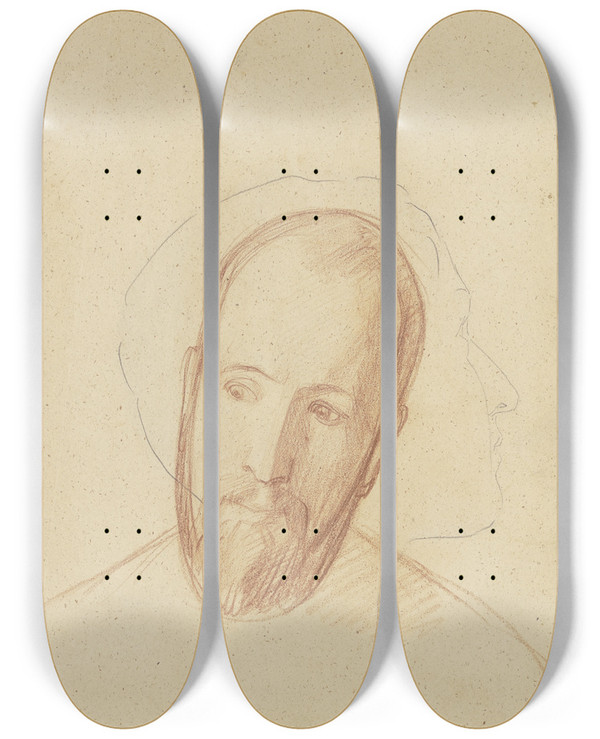 Triptych art skateboard deck of Bernhard Von Neher The Younger Kopfstudie Eines Brtigen Mannes Umrisslinie Des Knabenkopfes Der Vorderseite Des Blattes Im Profil Nach Links by Bernhard Von Neher The Younger (1806-1886)