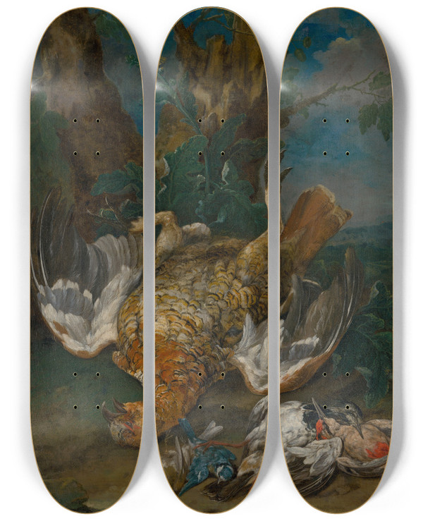 Triptych art skateboard deck of Johann Georg De Hamilton Still Life With A Grouse by Johann Georg De Hamilton (1672-1737)