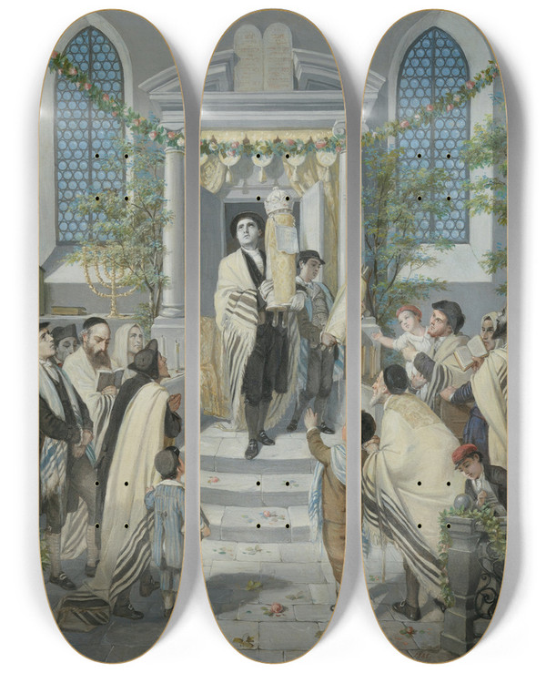 Triptych art skateboard deck of Moritz Daniel Oppenheim Shavuot Pentecost by Moritz Daniel Oppenheim (1800-1882)