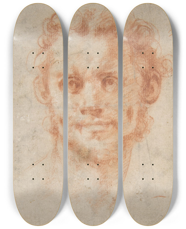 Triptych art skateboard deck of Pontormo Jacopo Carucci Study Of A Mans Head by Pontormo (Jacopo Carucci) (1494-1557)