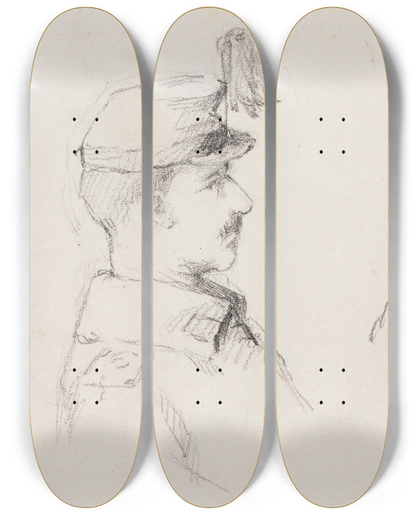 Triptych art skateboard deck of Helene Schjerfbeck Viuhkahattuinen Mies Sivukuva by Helene Schjerfbeck (1862-1946)
