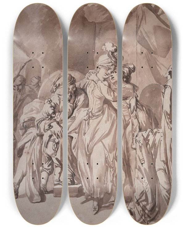 Triptych art skateboard deck of Johann Eleazar Schenau Der Besuch Bei Den Groeltern by Johann Eleazar Schenau (1737-1806)