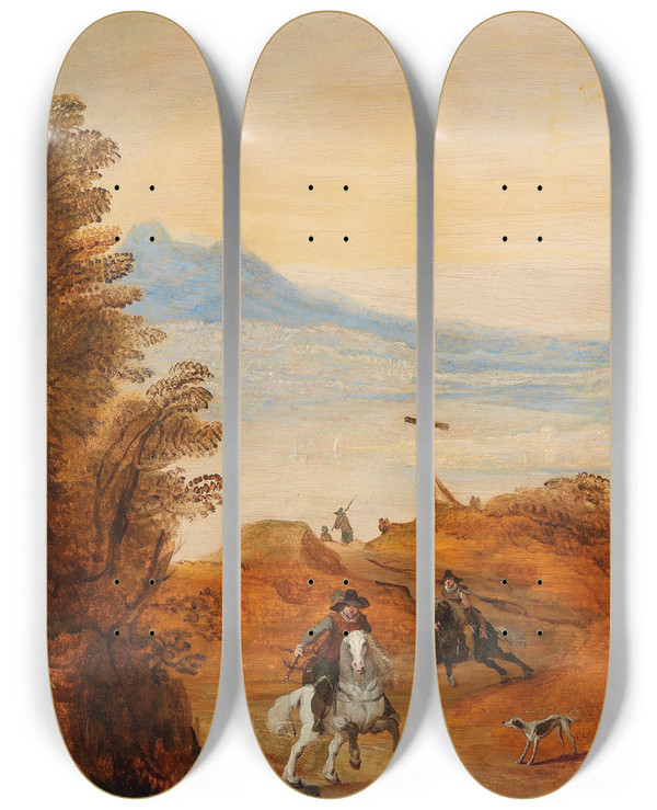 Triptych art skateboard deck of Joos De Momper A Landscape With Horsemen by Joos de Momper (1564-1634)