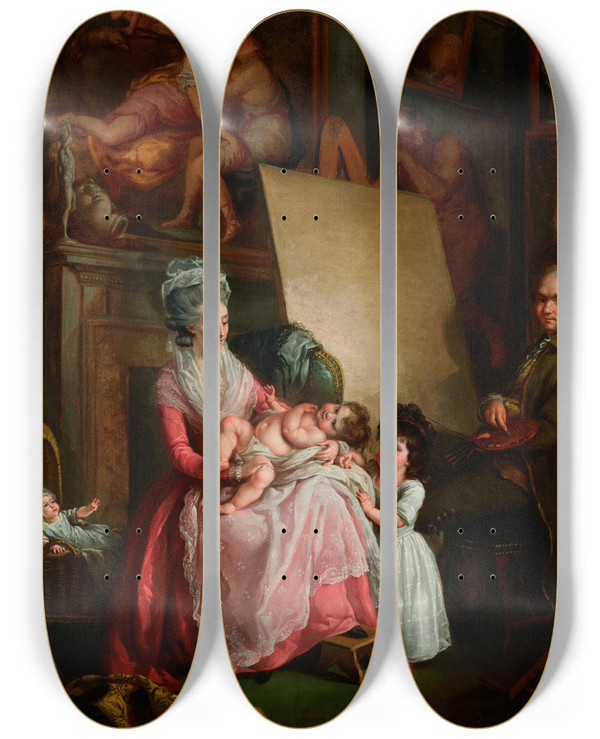 Triptych art skateboard deck of John Francis Rigaud Portrait Of The Artist With His Wife And Children In His Studio by John Francis Rigaud (1742-1810)
