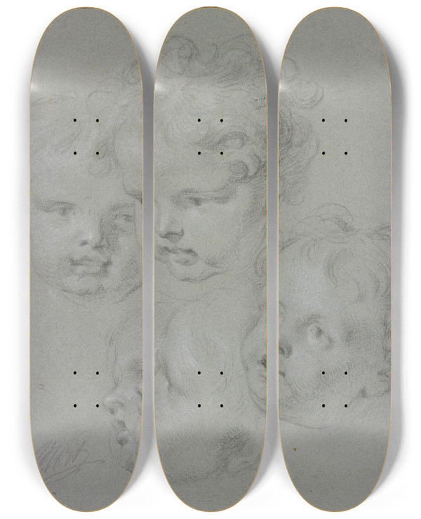Triptych art skateboard deck of Jacob De Wit Five Childs Heads by Jacob de Wit (1695-1754)